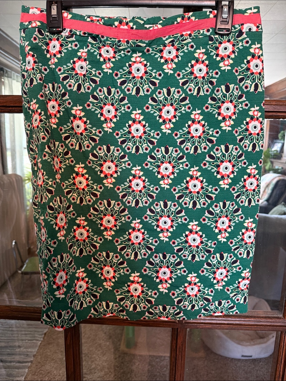 Boden Green Floral Pencil Skirt with Pink & White Motif